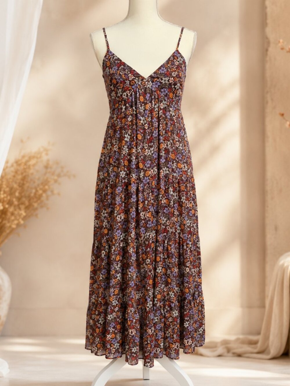 Crystal Doll Brown Floral Spaghetti Strap Maxi Dress XS - Picture 3 of 5